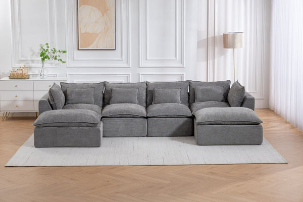 English Elm 102.3 Inch Modular Cloud Sectional with Ottoman Waffle Weave Fabric Deep Seat Sofa Antique Grey 129.8 inches W2530S00029