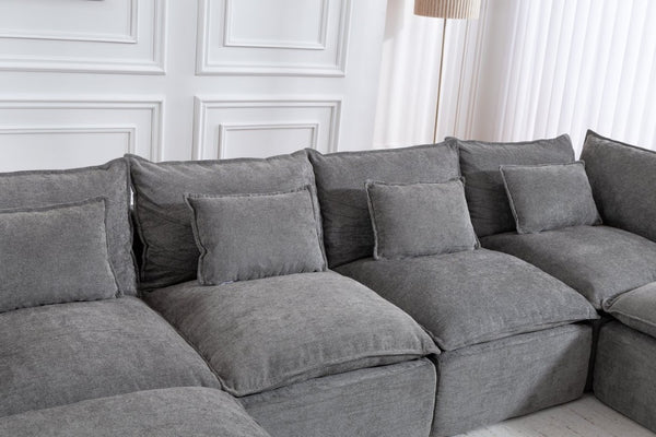 English Elm 102.3 Inch Modular Cloud Sectional with Ottoman Waffle Weave Fabric Deep Seat Sofa Antique Grey 129.8 inches W2530S00029
