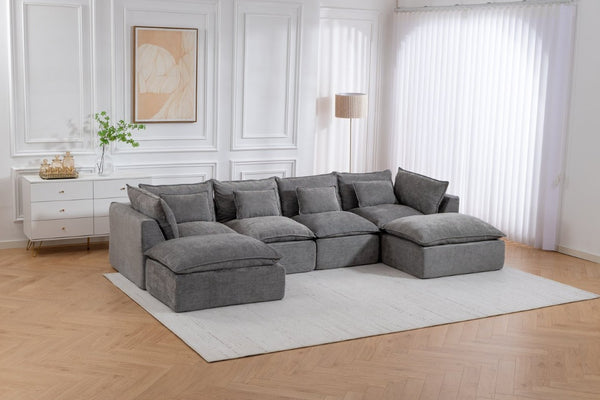 English Elm 102.3 Inch Modular Cloud Sectional with Ottoman Waffle Weave Fabric Deep Seat Sofa Antique Grey 129.8 inches W2530S00029