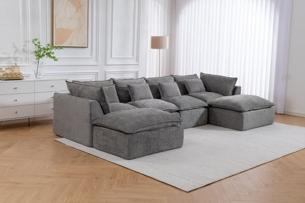 English Elm 102.3 Inch Modular Cloud Sectional with Ottoman Waffle Weave Fabric Deep Seat Sofa Antique Grey 129.8 inches W2530S00029