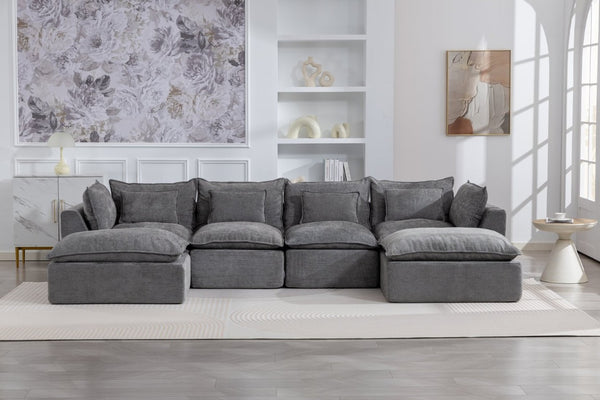 English Elm 102.3 Inch Modular Cloud Sectional with Ottoman Waffle Weave Fabric Deep Seat Sofa Antique Grey 129.8 inches W2530S00029