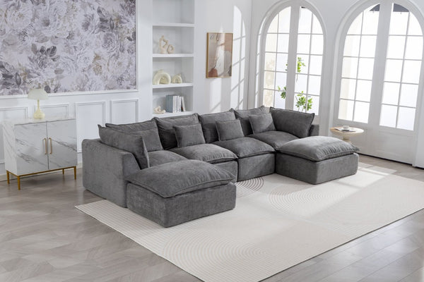 English Elm 102.3 Inch Modular Cloud Sectional with Ottoman Waffle Weave Fabric Deep Seat Sofa Antique Grey 129.8 inches W2530S00029