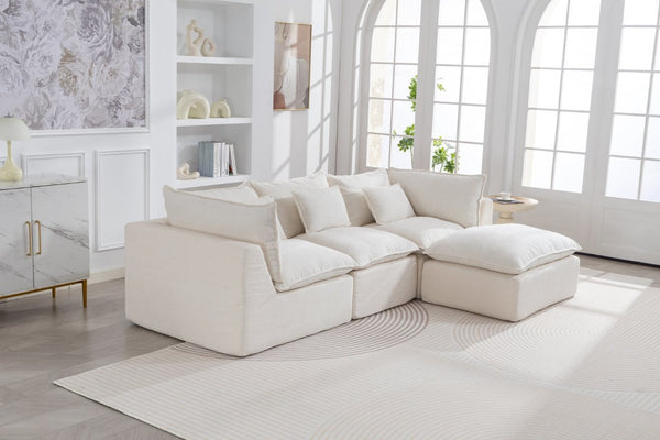 English Elm 102.3 Inch Modular Cloud Sectional with Ottoman Waffle Weave Fabric Deep Seat Sofa Antique White 102.3 inches W2530S00030