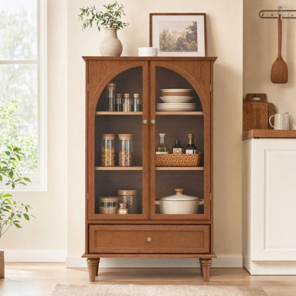 English Elm Vintage Farmhouse Display Cabinet Arched Glass Doors Wood Veneer Antique Glaze Finish W2557P414225