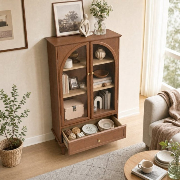 English Elm Vintage Farmhouse Display Cabinet Arched Glass Doors Wood Veneer Antique Glaze Finish W2557P414225