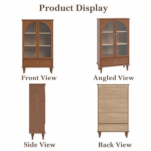 English Elm Vintage Farmhouse Display Cabinet Arched Glass Doors Wood Veneer Antique Glaze Finish W2557P414225