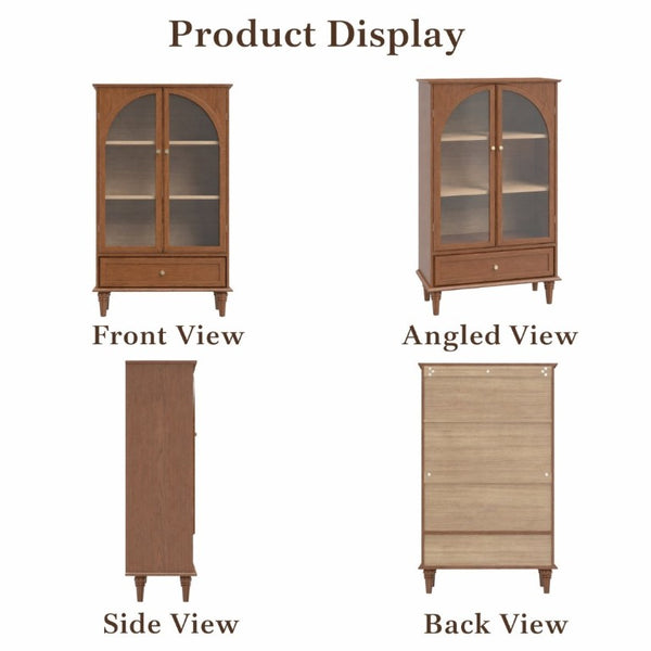 English Elm Vintage Farmhouse Display Cabinet Arched Glass Doors Wood Veneer Antique Glaze Finish W2557P414225