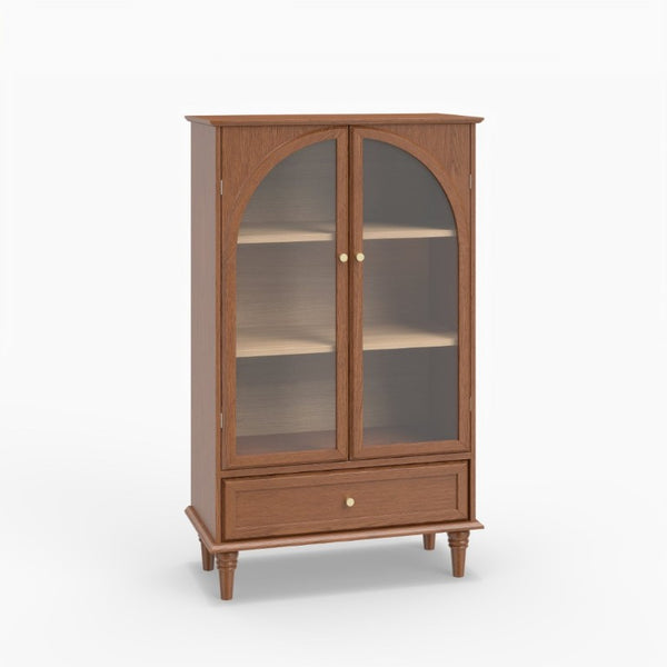 English Elm Vintage Farmhouse Display Cabinet Arched Glass Doors Wood Veneer Antique Glaze Finish W2557P414225