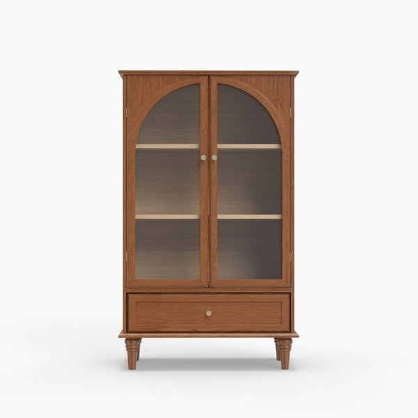 English Elm Vintage Farmhouse Display Cabinet Arched Glass Doors Wood Veneer Antique Glaze Finish W2557P414225