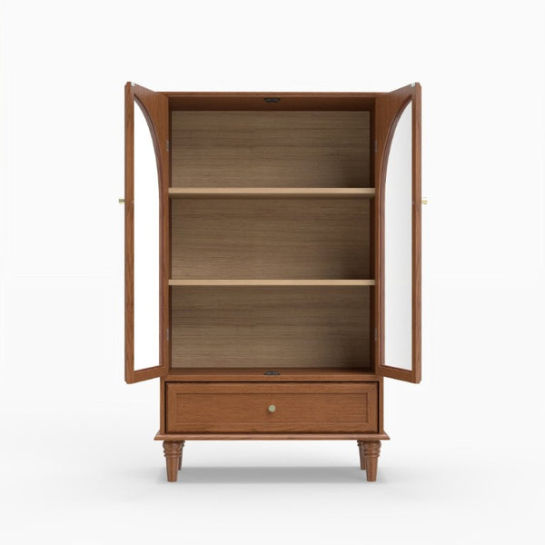 English Elm Vintage Farmhouse Display Cabinet Arched Glass Doors Wood Veneer Antique Glaze Finish W2557P414225