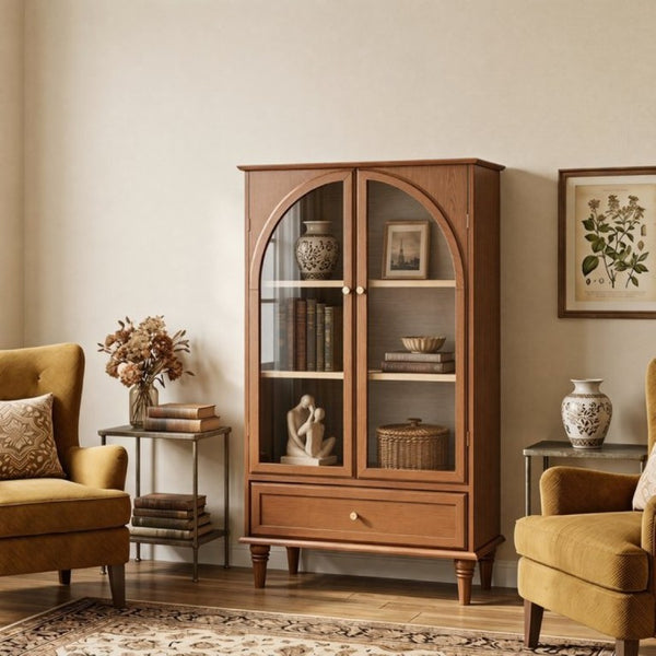 English Elm Vintage Farmhouse Display Cabinet Arched Glass Doors Wood Veneer Antique Glaze Finish W2557P414225