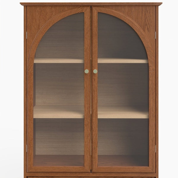 English Elm Vintage Farmhouse Display Cabinet Arched Glass Doors Wood Veneer Antique Glaze Finish W2557P414225