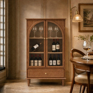 English Elm Vintage Farmhouse Display Cabinet Arched Glass Doors Wood Veneer Antique Glaze Finish W2557P414225