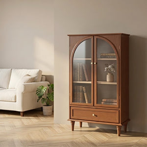 English Elm Vintage Farmhouse Display Cabinet Arched Glass Doors Wood Veneer Antique Glaze Finish W2557P414225