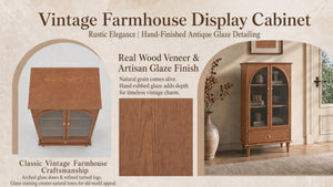 English Elm Vintage Farmhouse Display Cabinet Arched Glass Doors Wood Veneer Antique Glaze Finish W2557P414225