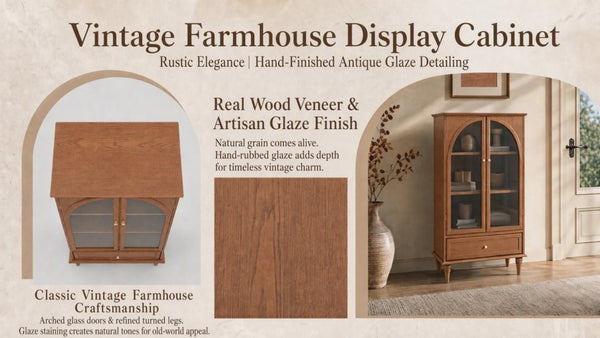 English Elm Vintage Farmhouse Display Cabinet Arched Glass Doors Wood Veneer Antique Glaze Finish W2557P414225