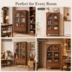English Elm Vintage Farmhouse Display Cabinet Arched Glass Doors Wood Veneer Antique Glaze Finish W2557P414225
