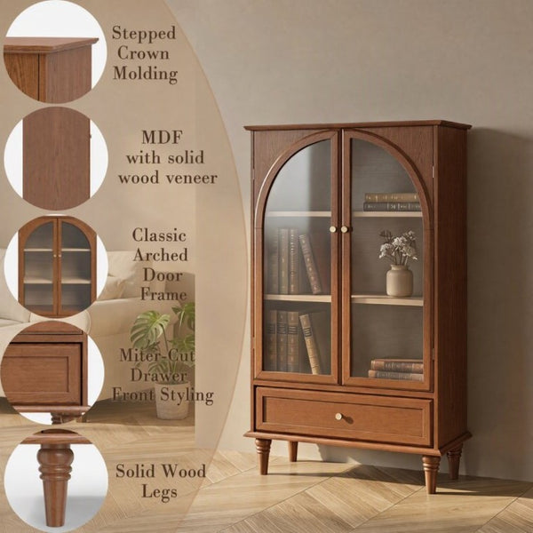 English Elm Vintage Farmhouse Display Cabinet Arched Glass Doors Wood Veneer Antique Glaze Finish W2557P414225