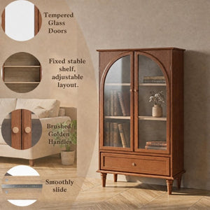 English Elm Vintage Farmhouse Display Cabinet Arched Glass Doors Wood Veneer Antique Glaze Finish W2557P414225
