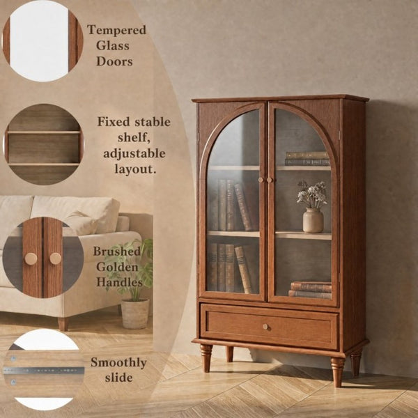 English Elm Vintage Farmhouse Display Cabinet Arched Glass Doors Wood Veneer Antique Glaze Finish W2557P414225