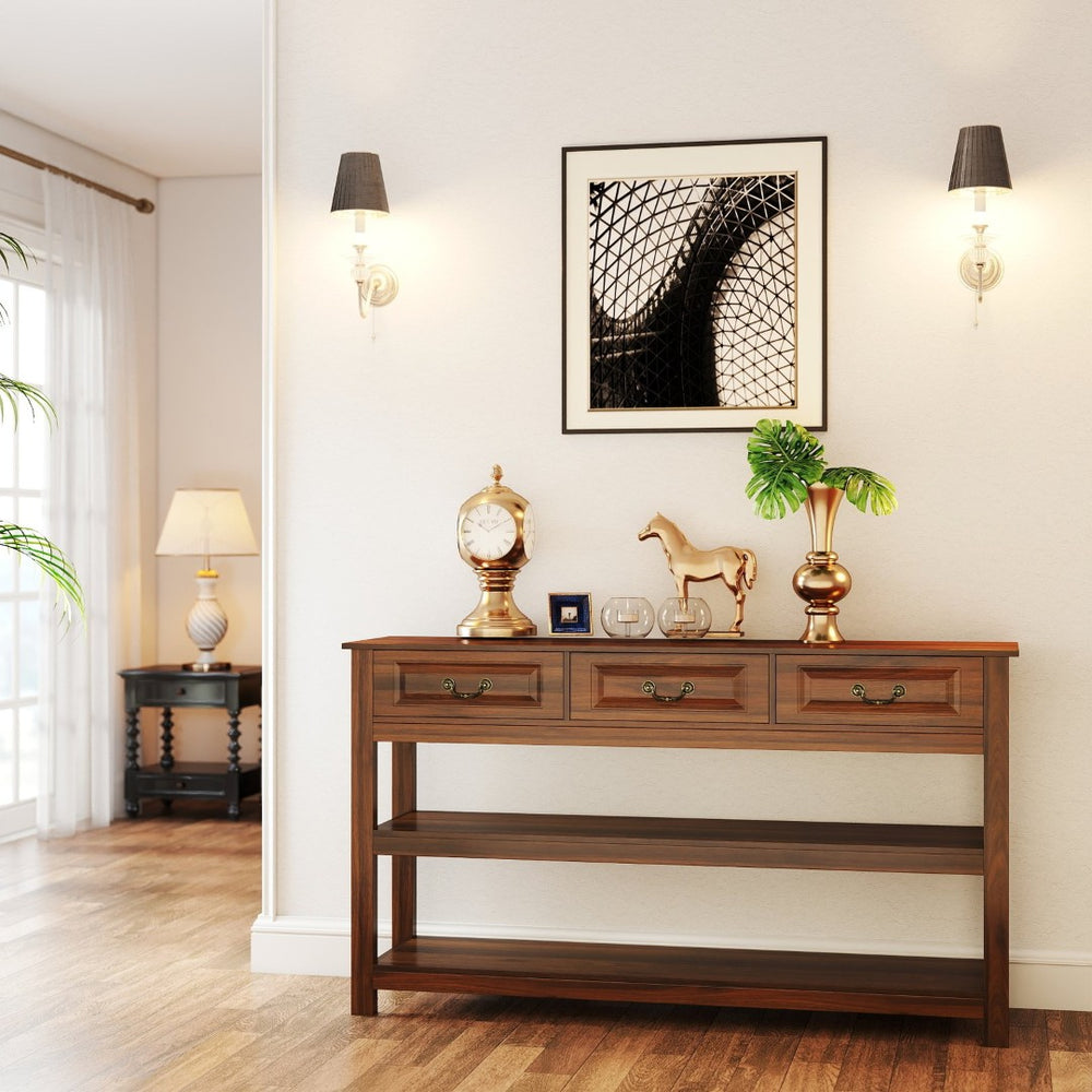 English Elm 63 Inch Walnut Grain Console Table Three Drawers Open Shelves Farmhouse Entryway W2557P448348