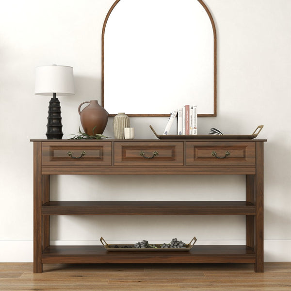 English Elm 63 Inch Walnut Grain Console Table Three Drawers Open Shelves Farmhouse Entryway W2557P448348