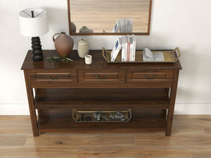 English Elm 63 Inch Walnut Grain Console Table Three Drawers Open Shelves Farmhouse Entryway W2557P448348