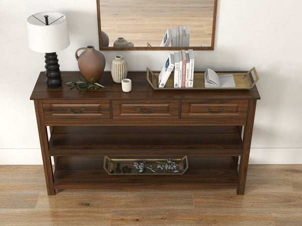 English Elm 63 Inch Walnut Grain Console Table Three Drawers Open Shelves Farmhouse Entryway W2557P448348