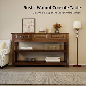 English Elm 63 Inch Walnut Grain Console Table Three Drawers Open Shelves Farmhouse Entryway W2557P448348