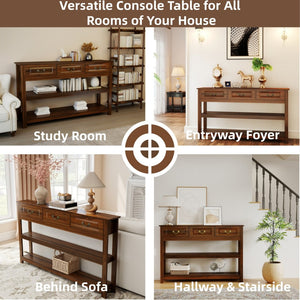 English Elm 63 Inch Walnut Grain Console Table Three Drawers Open Shelves Farmhouse Entryway W2557P448348