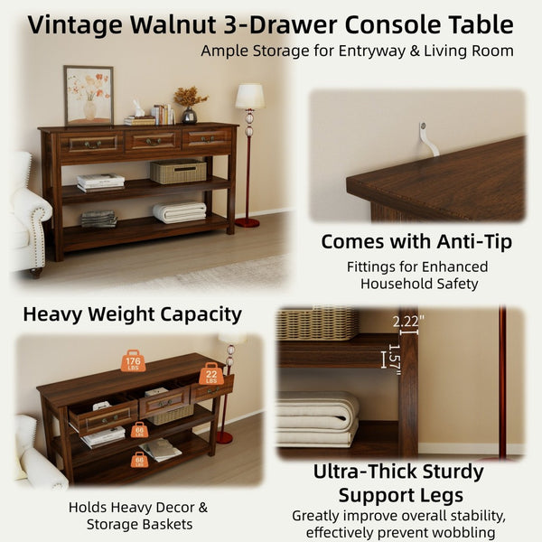 English Elm 63 Inch Walnut Grain Console Table Three Drawers Open Shelves Farmhouse Entryway W2557P448348
