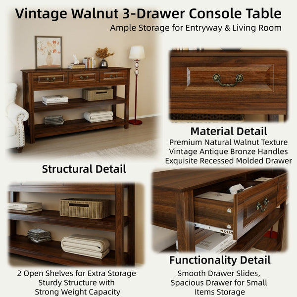 English Elm 63 Inch Walnut Grain Console Table Three Drawers Open Shelves Farmhouse Entryway W2557P448348