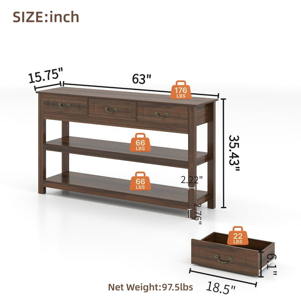 English Elm 63 Inch Walnut Grain Console Table Three Drawers Open Shelves Farmhouse Entryway W2557P448348