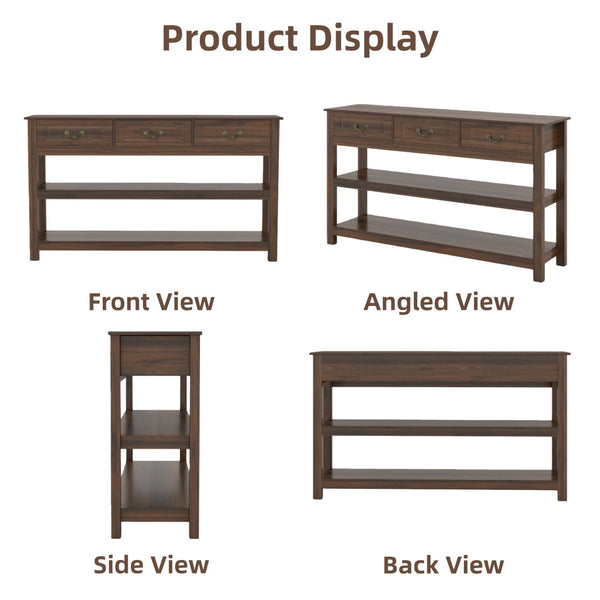 English Elm 63 Inch Walnut Grain Console Table Three Drawers Open Shelves Farmhouse Entryway W2557P448348