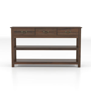 English Elm 63 Inch Walnut Grain Console Table Three Drawers Open Shelves Farmhouse Entryway W2557P448348