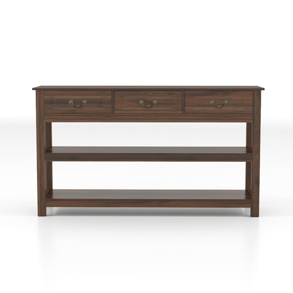 English Elm 63 Inch Walnut Grain Console Table Three Drawers Open Shelves Farmhouse Entryway W2557P448348