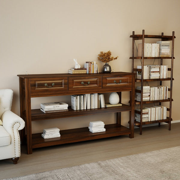 English Elm 63 Inch Walnut Grain Console Table Three Drawers Open Shelves Farmhouse Entryway W2557P448348