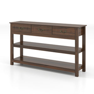 English Elm 63 Inch Walnut Grain Console Table Three Drawers Open Shelves Farmhouse Entryway W2557P448348