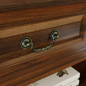 English Elm 63 Inch Walnut Grain Console Table Three Drawers Open Shelves Farmhouse Entryway W2557P448348