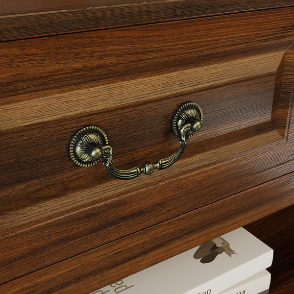 English Elm 63 Inch Walnut Grain Console Table Three Drawers Open Shelves Farmhouse Entryway W2557P448348