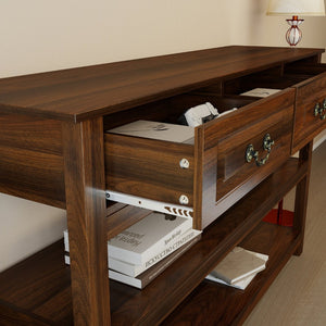 English Elm 63 Inch Walnut Grain Console Table Three Drawers Open Shelves Farmhouse Entryway W2557P448348