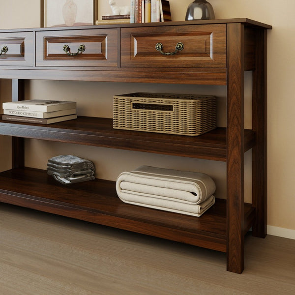 English Elm 63 Inch Walnut Grain Console Table Three Drawers Open Shelves Farmhouse Entryway W2557P448348