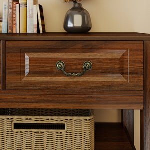 English Elm 63 Inch Walnut Grain Console Table Three Drawers Open Shelves Farmhouse Entryway W2557P448348