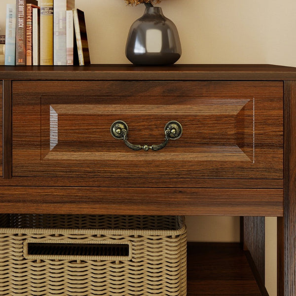 English Elm 63 Inch Walnut Grain Console Table Three Drawers Open Shelves Farmhouse Entryway W2557P448348