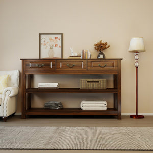 English Elm 63 Inch Walnut Grain Console Table Three Drawers Open Shelves Farmhouse Entryway W2557P448348