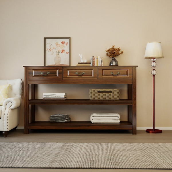 English Elm 63 Inch Walnut Grain Console Table Three Drawers Open Shelves Farmhouse Entryway W2557P448348