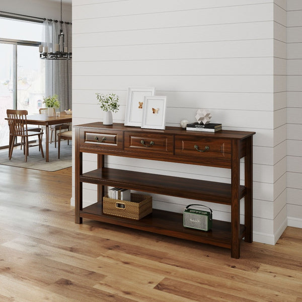 English Elm 63 Inch Walnut Grain Console Table Three Drawers Open Shelves Farmhouse Entryway W2557P448348