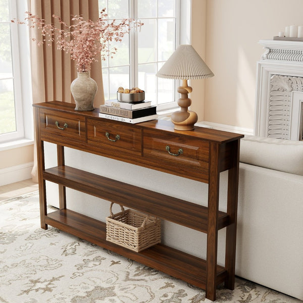 English Elm 63 Inch Walnut Grain Console Table Three Drawers Open Shelves Farmhouse Entryway W2557P448348