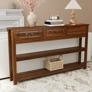 English Elm 63 Inch Walnut Grain Console Table Three Drawers Open Shelves Farmhouse Entryway W2557P448348