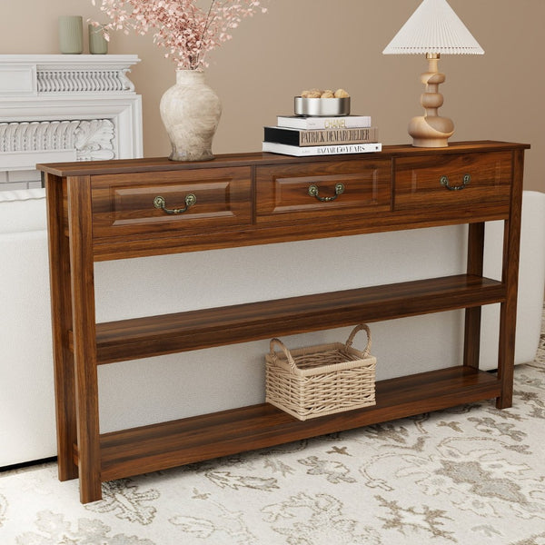 English Elm 63 Inch Walnut Grain Console Table Three Drawers Open Shelves Farmhouse Entryway W2557P448348